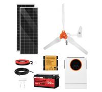 VEVOR Kit Solare Eolico 600 W 12 V 2 Pannelli Monocristallini da 100 W, Kit Solare con Turbina Eolica 400 W, Batteria LiFePO₄ 12,8V 100Ah, Inverter Ibrido da 1000W, per Casa, Camper e Barca Off-Grid
