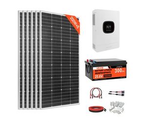 VEVOR Kit Solare Off-Grid 1200 W 24 V 6 Pannelli Monocristallini da 200 W, Kit Solare Completo con Batteria LiFePO₄ 25,6 V 300 Ah, Inverter Ibrido da 3600 W, per Casa, Capannone e Fattoria Off-Grid