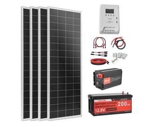 VEVOR Kit Solare Off-Grid 400W 12V 4 Pannelli Monocristallini da 100W, Kit Solare Completo con Batteria LiFePO₄ 12,8V 200Ah, Regolatore MPPT 40A, Inverter da 2000W, per Camper, Casa e Barca Off-Grid