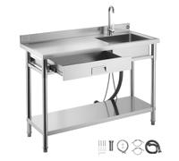 VEVOR Lavandino Mobile da Cucina 1200 x 500 x 940 mm, Vasca Singola con Rubinetto e Cassetto, Lavello da Cucina per Garage, Ristorante, Lavanderia, Lavabo da Esterno con Piano di Lavoro Sinistra