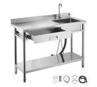 VEVOR Lavandino Mobile da Cucina 1200 x 500 x 940 mm, Vasca Singola con Rubinetto e Cassetto, Lavello da Cucina per Garage, Ristorante, Lavanderia, Lavabo da Esterno con Piano di Lavoro Sinistra