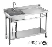 VEVOR Lavandino Mobile da Cucina 1200 x 500 x 940 mm, Vasca Singola con Rubinetto e Ripiano, Lavello da Cucina per Garage, Ristorante, Lavanderia, Lavabo da Esterno con Piano di Lavoro Destra
