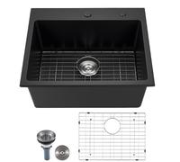 VEVOR Lavello da Cucina in Granito 635 x 559 x 254 mm per Montaggio a Superficie, Lavello da Cucina da Incasso in Stile Rurale con Accessori, per Camper, Cucine di Preparazione, Bar, Nero