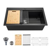 VEVOR Lavello da Cucina in Granito 840 x 560 x 250 mm per Montaggio ad Appoggio, Lavello da Cucina da Incasso in Stile Rurale con Accessori, per Camper, Cucine di Preparazione, Bar, Nero