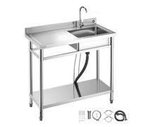 VEVOR Lavello in Acciaio Inox 100 x 50 x 94 cm, Vasca Singola con Rubinetto e Ripiano, Lavello da Cucina per Garage, Ristorante, Lavanderia, Lavabo da Esterno con Piano di Lavoro Sinistra