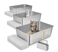VEVOR Lettiere per Gatti, Set di 3, Lettiera a Ciotola Inodore per Gatti di Taglia Grande, 600 x 400 x 200 mm Lettiera per Gatti XL in Acciaio Inox con Paletta, Pedana con Filtro Largo e Bordo Alto