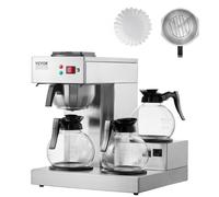 VEVOR Macchina da Caffè Commerciale 3 Piastra Scaldavivande, Macchina da Caffè 3 Caraffe in Vetro Accessori Inclusi, Caffettiera a Filtro Commerciale in Acciaio Inox per Ristorante, Ufficio, Bar