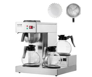 VEVOR Macchina da Caffè Commerciale 3 Piastra Scaldavivande, Macchina da Caffè 3 Caraffe in Vetro Accessori Inclusi, Caffettiera a Filtro Commerciale in Acciaio Inox per Ristorante, Ufficio, Bar