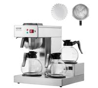VEVOR Macchina da Caffè Commerciale 3 Piastra Scaldavivande, Macchina da Caffè 3 Caraffe in Vetro Accessori Inclusi, Caffettiera a Filtro Commerciale in Acciaio Inox per Ristorante, Ufficio, Bar