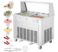 VEVOR Macchina per Gelato Fritto Arrotolato 2 Vaschette 38x38 cm, Piastra per Gelato Arrotolato Commerciale in Acciaio Inox Alimentare, Macchina per Rollare Gelato Compressore 4 Raschiatori