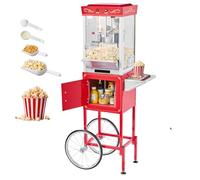 VEVOR Macchina per Popcorn con Carrello, Bollitore in Acciaio Inox da 0,2 kg, 800 W, 48 Tazze per Dose, Stile Cinema, con Controllo a 2 Pulsanti, con Parete in Vetro, 1 Misurino, 3 Cucchiai, Rosso