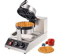 VEVOR Macchina per Waffle Belga Rotondo in Acciaio Inox Antiaderente 1300W Temperatura Controllata 50℃-300℃, Macchina Waffle Piastra Doppia Antiaderente Teglia 190,5 mm con Manico Girevole in Acciaio