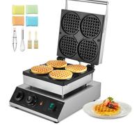 VEVOR Macchina per Waffle Belga Rotonda Commerciale, 4 Pezzi per Waffle, Piastra per Waffle in Acciaio Inox Antiaderente 1750 W con Controllo Temperatura Tempo, per Ristoranti Panetterie Snack Bar