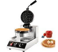 VEVOR Macchina per Waffle Belga Rotondo in Acciaio Inox Antiaderente 1300W Temperatura Controllata 50℃-300℃, Macchina Waffle Piastra Doppia Antiaderente Teglia 190,5 mm con Manico Girevole in Acciaio