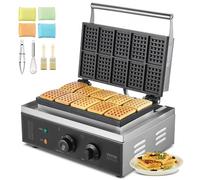 VEVOR Macchina per Waffle Commerciale, 10 pezzi per Waffle Rettangolare, Piastra Waffle Belga in Acciaio Inox Antiaderente 1550 W con Controllo Temperatura Tempo, Maniglia, per Ristorante, Panetteria
