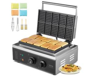 VEVOR Macchina per Waffle Commerciale, 10 pezzi per Waffle Rettangolare, Piastra Waffle Belga in Acciaio Inox Antiaderente 1550 W con Controllo Temperatura Tempo, Maniglia, per Ristorante, Panetteria