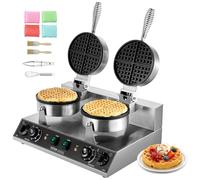 VEVOR Macchina per Waffle Commerciale Rotonda a Doppia Testa, Piastra Waffle Belga in Acciaio Inox Antiaderente 2460 W con Controllo Temperatura Tempo e Maniglia, per Ristoranti Panetterie, Snack Bar