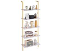 VEVOR Mensola in Tubo Quadrato Industriale, 5 Ripiani 640 x 300 mm, Mensole Galleggianti in Legno Rustico da Parete, Supporto per Libreria, Portaoggetti per Cucina, Bagno, Soggiorno, Oro Bianco