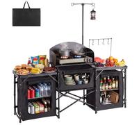 VEVOR Mobiletto Cucina Portatile Pieghevole da Campeggio, Mobiletto da Campeggio 2 Tavolini Laterali Rete Metallica Paravento Rimovibile per Fornello 3 Scomparti Portaoggetti, Stazione Cucina BBQ