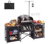 VEVOR Mobiletto Cucina Portatile Pieghevole da Campeggio, Mobiletto da Campeggio 2 Tavolini Laterali Rete Metallica Paravento Rimovibile per Fornello 3 Scomparti Portaoggetti, Stazione Cucina BBQ