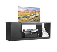 VEVOR Mobiletto Porta TV per Soggiorno Fino a 1651 mm Capacità di Carico di 39,92 kg Tavolo TV in Legno con Barra Luminosa, Ripiano in Vetro e Ripiani Regolabili, per Soggiorno Camera da Letto, Nero