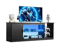 VEVOR Mobiletto Porta TV per Soggiorno Fino a 1651 mm Capacità di Carico di 39,92 kg Tavolo TV in Legno con Barra Luminosa, Ripiano in Vetro e Ripiani Regolabili, per Soggiorno Camera da Letto, Nero