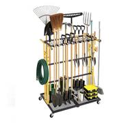 VEVOR Organizzatore per Attrezzi da Giardino con Ruote Flessibili Nero, Scaffale Metallico per Garage, per Rastrelli, Pale, Scope e Attrezzi Agricoli a Manico Lungo, Struttura Robusta in Acciaio