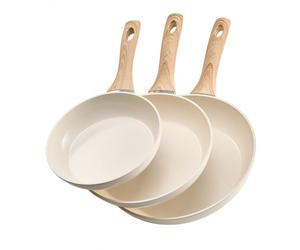 VEVOR Padella in Alluminio, 3 Pezzi, 200, 240, 280 mm Padelle in Ceramica Antiaderente ad Alta Resistenza con Manico Resistente al Calore, Pentole da Capocuoco, per Forno, Elettrico, Induzione, Beige