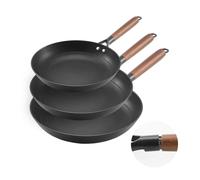 VEVOR Padella in Ghisa, Set di 3 Padelle Antiaderenti (205, 265, 310 mm), con Manico in Legno Staccabile, Padella da Chef Pre-Stagionata, Pentole da Cucina per Gas, Elettrico e Induzione, Nero