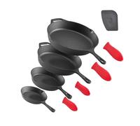 VEVOR Padella in Ghisa, Set di 4 Padelle Antiaderenti (155, 205, 260, 305 mm), con Manico in Silicone Resistente al Calore, Padella da Chef Pre-Trattata, Pentole da Cucina per Gas, Elettrico, Nero