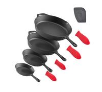 VEVOR Padella in Ghisa, Set di 4 Padelle Antiaderenti (155, 205, 260, 305 mm), con Manico in Silicone Resistente al Calore, Padella da Chef Pre-Trattata, Pentole da Cucina per Gas, Elettrico, Nero