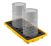 VEVOR Pallet di Contenimento per Fusti, Vasca di Raccolta Antisversamento Modulare per 2 Fusti, Capacità 79,5 L, Portata Max 2000 kg, Piattaforma in Polietilene con Scarico, 131,6 x 68 x 15 cm, Giallo