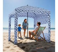 VEVOR Parasole da Spiaggia Portatile 1830 x 1830 x 2290 mm, con Parete Laterale e Tasche per la Sabbia, Ombrellone Parasole Portatile Regolabile in Altezza per Famiglia e Amici, Blu Scuro con Motivi
