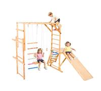 VEVOR Parco Giochi al Coperto, Carico 100 kg, Set Giocattoli in Legno da Arrampicata Montessori con Altalena, Scivolo, Barra di Scimmia, Anelli da Palestra, Scala in Legno/Corda, Rete e Barra