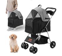 VEVOR Passeggino per Cani 4 Ruote con Parapioggia, Passeggino per Animali Portata 16kg ca., Passeggino per Animali Domestici con Cestello Portaoggetti, Carrello Pieghevole per Gatti Cani Colore Grigio