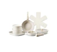 VEVOR Pentole e Padelle Antiaderenti, con Manico Staccabile, Set di Pentole a Induzione da Cucina per Camper, con Frittura, Coperchi in Vetro Temperato, Adatti Forno, Bianco 17 Pezzi