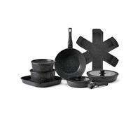 VEVOR Pentole e Padelle Antiaderenti, con Manico Staccabile, Set di Pentole a Induzione da Cucina per Camper, con Frittura, Coperchi in Vetro Temperato, Adatti al Forno,17 Pezzi Nero