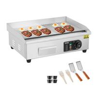 VEVOR Piastra Elettrica Commerciale, Piastra Half-Flat Top da Banco da 3200 W, Temperatura Regolabile Piastra in Acciaio Inossidabile 50-300°C, 54 x 30 x 1 cm con 2 Pale 2 Spazzole Casa Ristorante