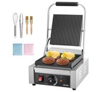 VEVOR Piastra Elettrica per Panini Professionale, 1800 W, in Acciaio Inox con Maniglia e Controllo della Temperatura, Piastra Smaltata Scanalata Piatta da 22 x 23 cm, per Bistecche, Pancetta