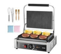 VEVOR Piastra Elettrica per Panini Professionale, 2200 W, in Acciaio Inox con Maniglia e Controllo della Temperatura, Piastra Smaltata Scanalata Completa da 34 x 23 cm, per Bistecche, Pancetta