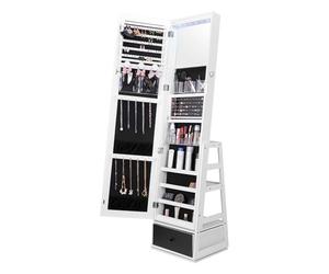 VEVOR Portagioie da Terra Girevole 360° con Contenitore, Armadietto con Specchio a Figura Intera, Fodera in Velluto, Luce LED, Organizzatore Portagioielli, Bianco