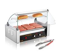 VEVOR Rullo per Hot Dog, 7 Rulli, Macchina Grigliare Salsicce in Acciaio Inossidabile con Doppio Controllo della Temperatura, 18 Hot Dog, 1,4KW con Coperchio, Ripiano Riscaldante per Panini Hot Dog