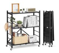 VEVOR Scaffale Portaoggetti Pieghevole a 3 Ripiani con Ruote, Scaffale in Metallo Pieghevole, Robusto Resistente Senza Montaggio, Ideale per Garage, Cucina, Cantina Nero 330 x 760 x 910 mm
