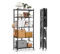 VEVOR Scaffale Portaoggetti Pieghevole a 5 Ripiani con Ruote, Scaffale in Metallo Pieghevole, Robusto Resistente Senza Montaggio, Ideale per Garage, Cucina, Cantina Nero 380 x 710 x 1630 mm