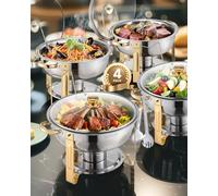 VEVOR Scaldavivande a Buffet (4,7 L) con 4 Padelle Full Size, Dispenser Calore Rotondo con Coperchio in Vetro, Vaschetta per l'Acqua e Supporto, per Matrimoni, Feste a Buffet, Dorato