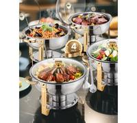 VEVOR Scaldavivande a Buffet (4,7 L) con 4 Padelle Full Size, Dispenser Calore Rotondo con Coperchio in Vetro, Vaschetta per l'Acqua e Supporto, per Matrimoni, Feste a Buffet, Dorato