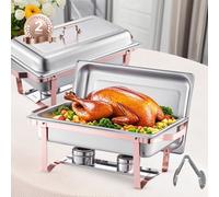 VEVOR Scaldavivande a Buffet 7,5 L Set di Scaldavivande, 2 PZ con 2 Pentole, Distributore di Calore Rettangolare per Ristorazione con Coperchio, Supporto per Pentola Acqua e Porta Carburante, Oro Rosa
