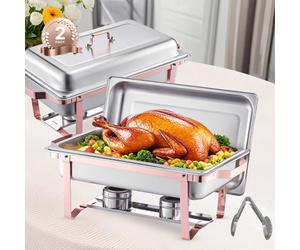 VEVOR Scaldavivande a Buffet 7,5 L Set di Scaldavivande, 2 PZ con 2 Pentole, Distributore di Calore Rettangolare per Ristorazione con Coperchio, Supporto per Pentola Acqua e Porta Carburante, Oro Rosa