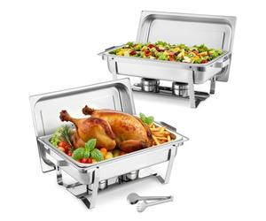 VEVOR Scaldavivande a Buffet Rettangolare, 2 Pezzi Scaldavivande per Catering da 9 L in Acciaio Inox, con Manico Cavo, 1 Pinza per Alimenti, Coperchio, Porta Combustibile, per Banchetti, Feste
