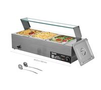 VEVOR Scaldavivande Commerciale Buffet 3 Contenitori da Dimensioni 1/2, Contenitore Scaldavivande Elettrico in Acciaio Inox da 1,5 kW con Coperchio in Vetro e Mestolo per Zuppa, per Catering, Feste